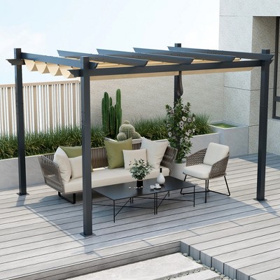 Beige Aluminum Retractable Pergola Canopy with Metal Frame
