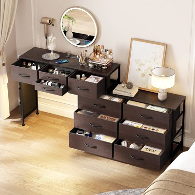WOWLIVE Dresser for Bedroom with Charging Station and LED Light, Rotatable Vanity Desk with Fabric Drawers and Side Pockets, HD041