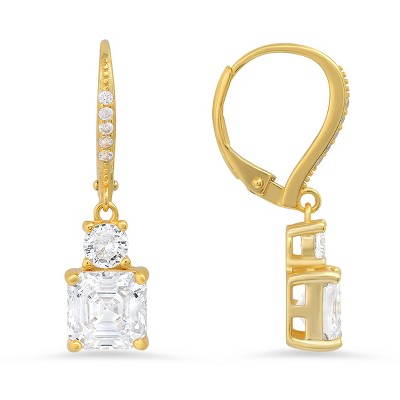 Sterling Silver Round & Asscher-cut CZ Leverback Earrings