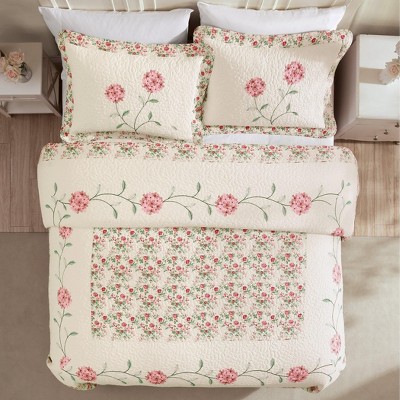 Full Rose Embroidered Floral Polyester Bedspread Set