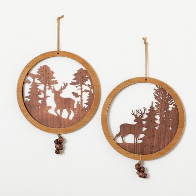 14.25"H Sullivans Round Wood Deer Wall Decor - Set of 2  Multicolored