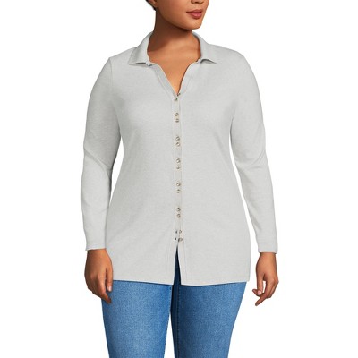 Lands' End Women's Long Sleeve Polished Rib Button Through Tunic Shirt