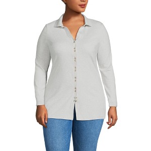 Lands' End Women's Long Sleeve Polished Rib Button Through Tunic Shirt - 1 of 3