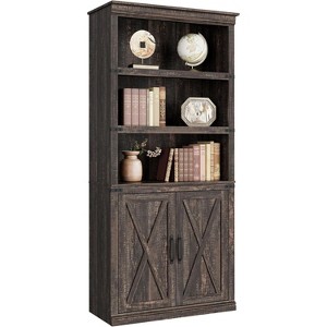 Farmhouse Book Case with Doors, 5 Tier Book Shelf with Cabinet, Wood 68.7" Tall 5 Shelf Book Case for Living Room, Home Office - 1 of 4