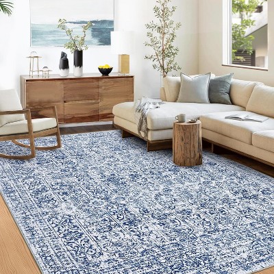 Washable Area Rugs Oriental Distressed Carpet with Non-Slip Backing, Traditional Floral Area Rug, Soft Vintage Printed Home Decor for Living Room