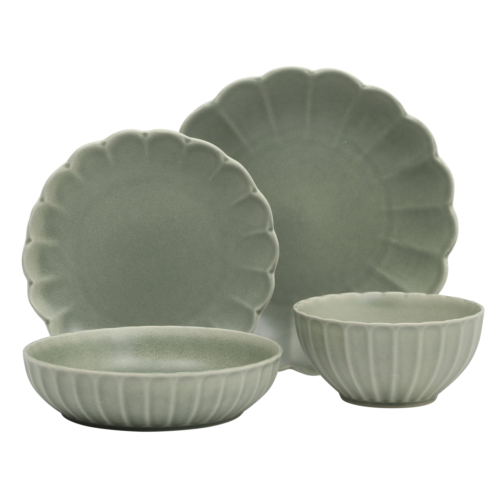 Gibson Elite Malibu Shore 16 Piece Scallop Stoneware Reactive Glaze (Service for 4) Ceramic Plates and Bowls Dinnerware Set - Green