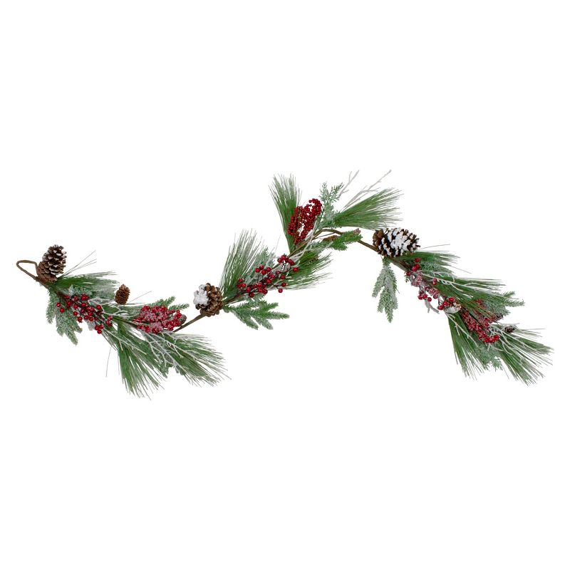 Northlight 5.75' x 7" Green and Red Frosted Berries and Pinecones Artificial Christmas Garland - Unlit, 1 of 6