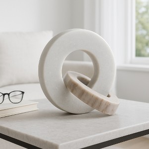Home Decor and Bathroom Decor Marble Double Ring - Modern Shelf Sculpture and Office Accents for Room Styling - 6", White & Beige - 1 of 4