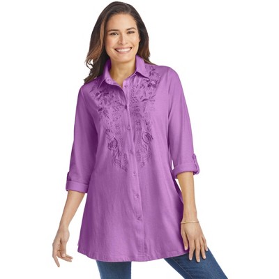 Woman Within Plus Size Button-Front Embroidered Tunic