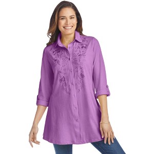 Woman Within Plus Size Button-Front Embroidered Tunic - 1 of 4