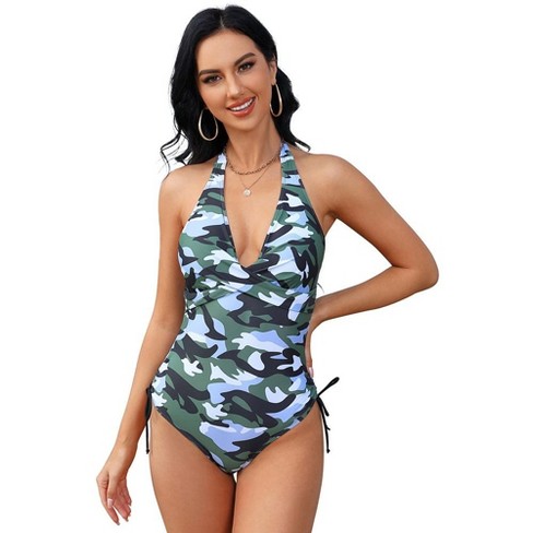 Women s Halter Swimsuit One Piece Front Twist Deep V Tankini Side Ruched Swimwear Summer 2024 Camouflage M Target