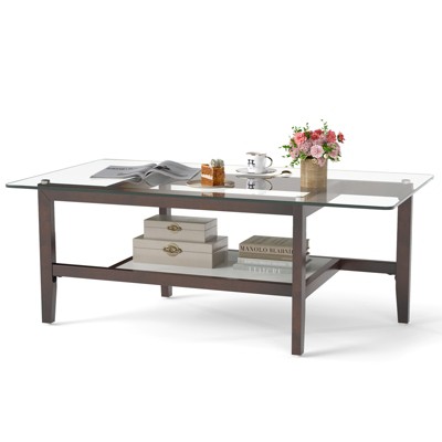 Tangkula 2-Tier Glass Coffee Table w/ Storage Shelf Solid Rubber Wood Legs for Office