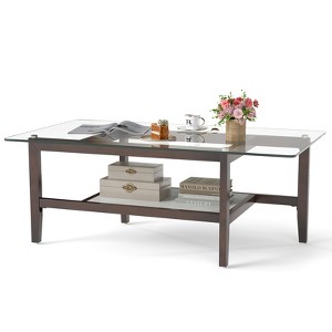 Tangkula 2-Tier Glass Coffee Table w/ Storage Shelf Solid Rubber Wood Legs for Office - 1 of 4