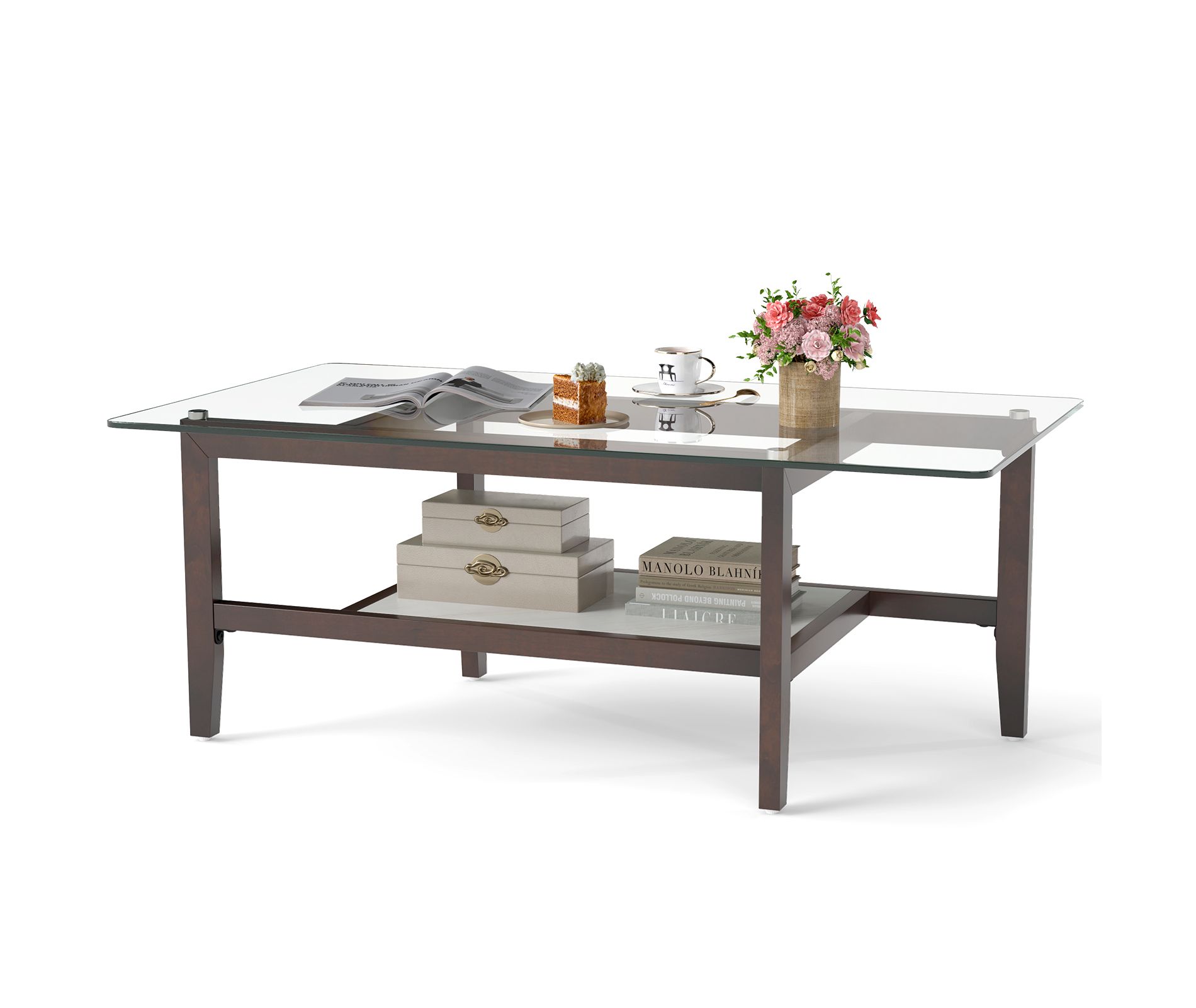 Tangkula 2-Tier Glass Coffee Table w/ Storage Shelf Solid Rubber Wood Legs for Office