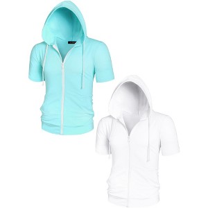 Lars Amadeus Men's Solid Color Zipper Short Sleeves Drawstring Hoodies Sweatshirt 2 Packs - 1 of 4