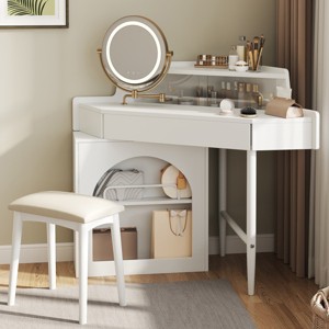 Corner Vanity Desk with Mirror Storage Cabinet and Lighting Feature for Small Bedroom Spaces-3irtyhousy - 1 of 4
