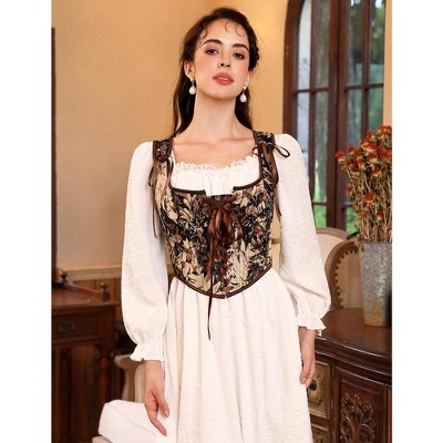 Kojooin Women's Vintage Corset Lace-up Fishbone Print Vest Renaissance Pirate Costume Black 2xl