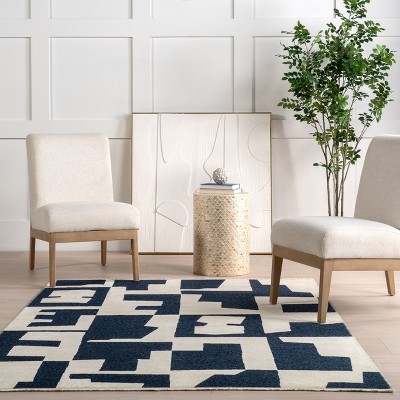 Viktoria Navy and White Geometric Reversible Washable Rug