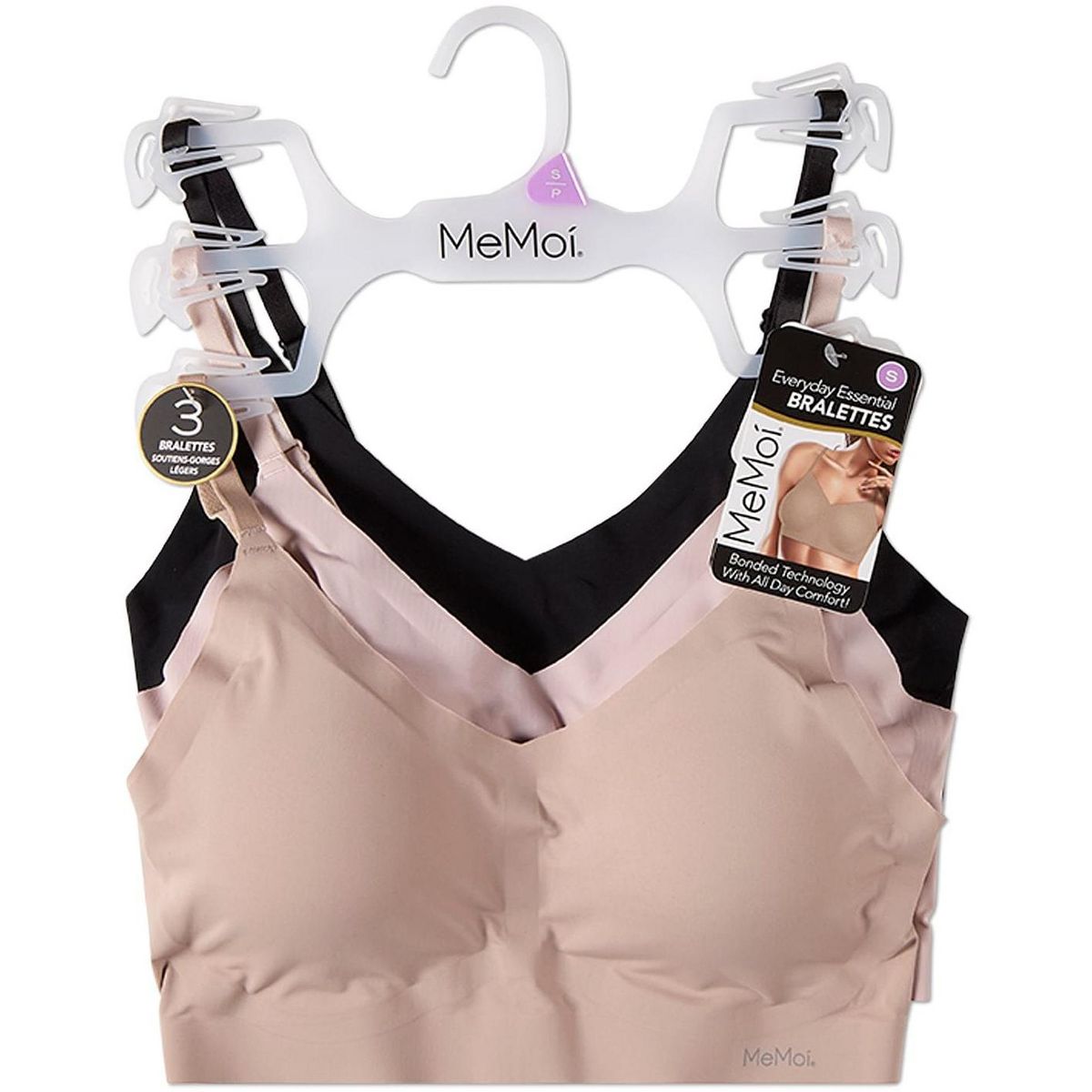 Memoi 3 Pack Women's Bonded Bras with Removable Cups and Adjustable Straps (Asst-104) Nude, Pink, Black S - thumbnail 2