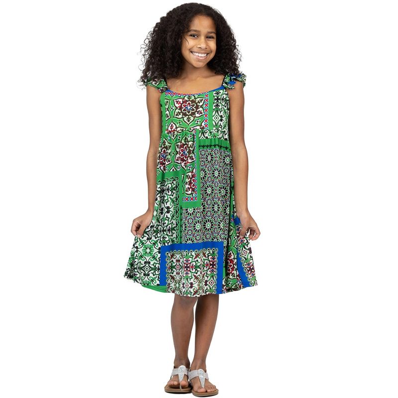 24sevenkid Girls Green Scarf Print Ruffle Summer Dress, 1 of 6
