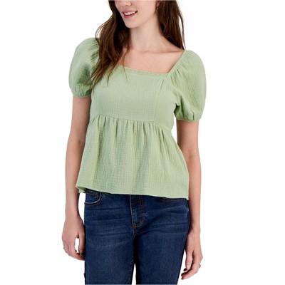 Hippie Rose Womens Puff Sleeve Textured Baby Doll Blouse, Green, Small