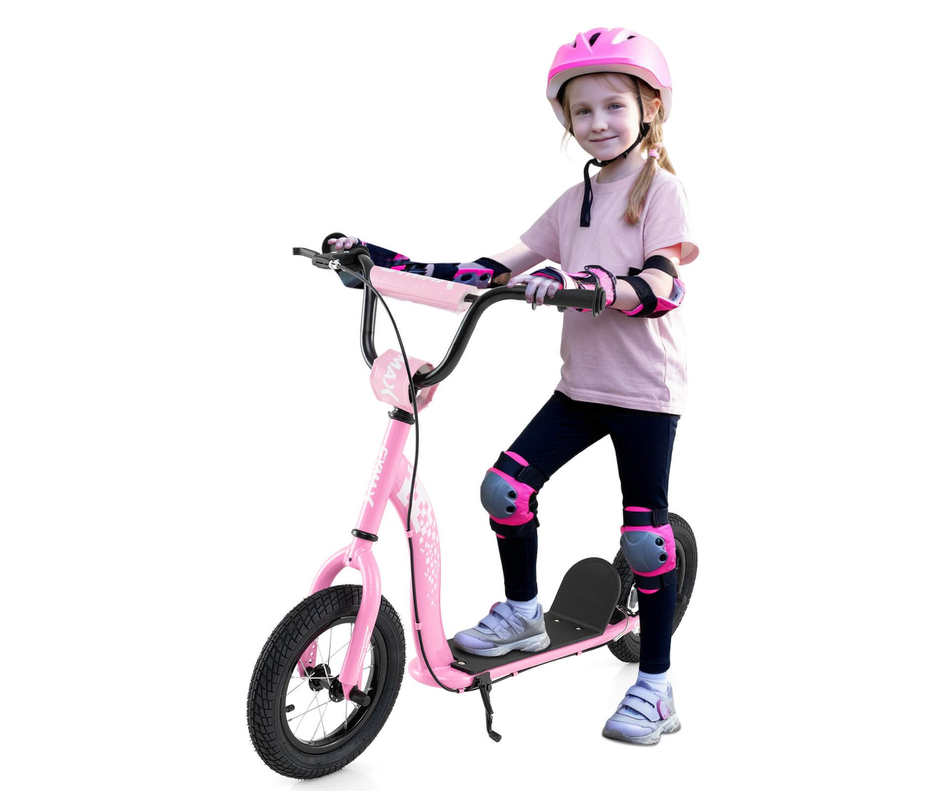 Gymax Kids Scooter w/ Adjustable Height Handlebar 12-Inch Inflatable Wheels Handbrake Pink