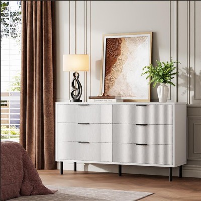 3 Drawer Fluted Dresser for Bedroom, Modern Wide Chest of Drawers with Metal Legs and Anti-Tip Kit, Wood Storage Organizer for Living Room