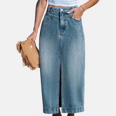 Women's Light Blue Denim Split Hem Midi Skirt - Cupshe