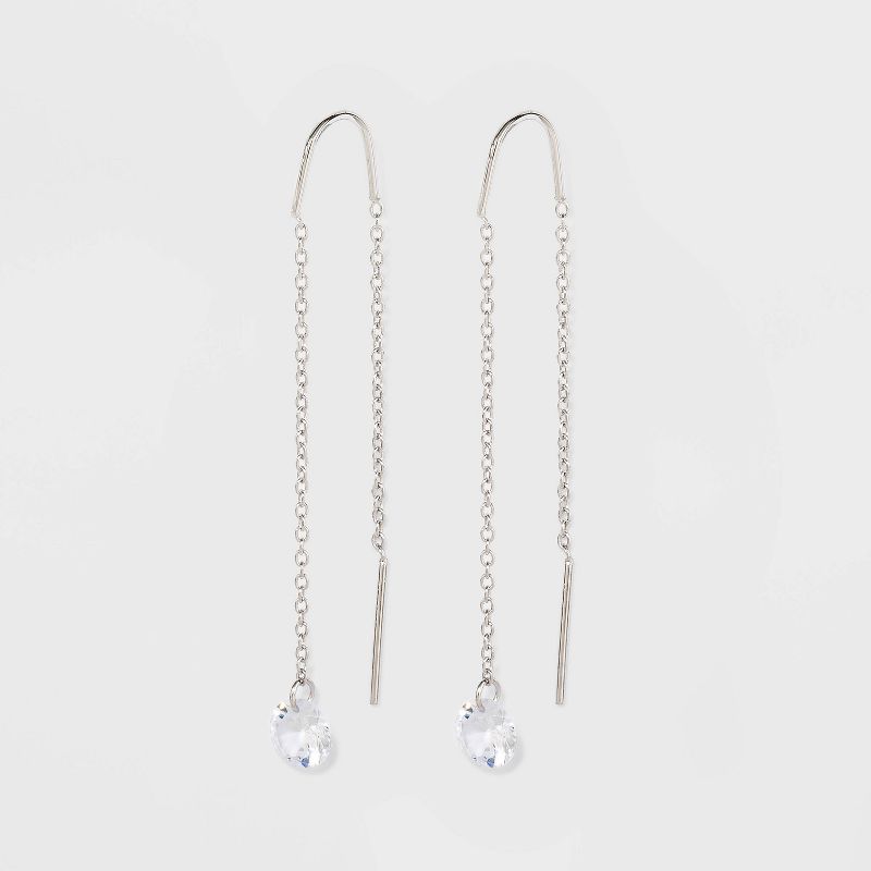 Round Clear Crystal Cubic Zirconia Threader Earrings - A New Day&#8482; Silver, 1 of 6