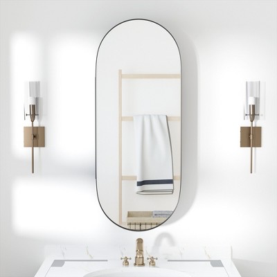 SpassWay 16 x 32 Inch Recessed Medicine Cabinet Oval Pill-Shaped Black Metal Frame with Mirror for Bathroom Vanity