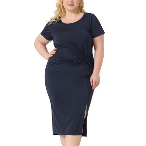 Agnes Orinda Women's Plus Size Crew Neck Side Split Tie Knot Front Short Sleeve Casual Midi Bodycon Dresses - 1 of 4