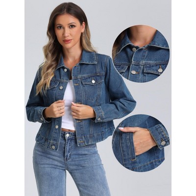 Allegra K Women's Vintage Casual Collar Long Sleeve Button Down Jean Denim Jacket Dark Blue Medium — фото 2