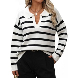 Womens Striped Sweaters Lapel Knitted Casual Pullover V Neck Color Block Jumper Long Sleeve Loose Soft Tops - 1 of 4