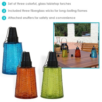 Multicolor Glass Tabletop Torches with Fiberglass Wicks - Set of 3