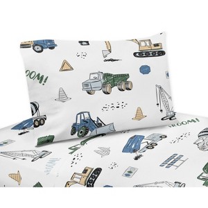 4pc Construction Truck Queen Kids' Sheet Set Green and Blue - Sweet Jojo Designs: Microfiber, Vehicles Theme, Teen Bedding - 1 of 3