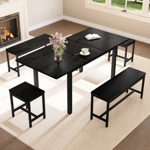 COZONY 5 Piece Extendable Dining Table Set for 6-8, Modern Kitchen Table with 2 Benches & 2 Stools, Space-Saving Dining Room Furniture for Restaurant - 1 of 4