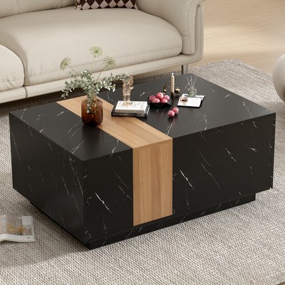 35"W  Coffee Table Center Table Cocktail Table with 2 Storage Drawers, Faux Marble and Walnut Wood Grain Finish-ModernLuxe