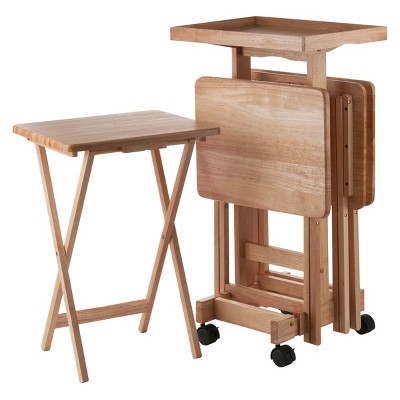 Natural Solid Wood 6-Piece Snack Table Set with Rolling Stand