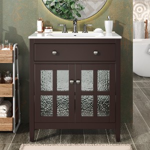 Lyngins 30" Freestanding Vanity with Textured Glass Door, Compact Bathroom Vanity with Ceramic Sink, Equipped with Adjustable Shelf and Tip-Out Tray - 1 of 4