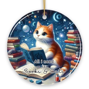 All I Need is Books & Cats Ceramic Ornament, Book Lover Gift of Imagination and the Universe| OrnamentallyYou - 1 of 4