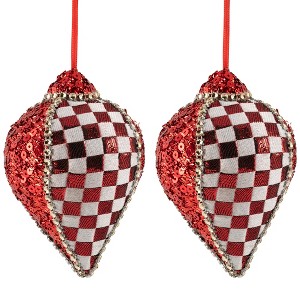 Northlight Sequined and Checkered Teardrop Christmas Ornaments - 4.75" - Red  - Set of 2 - 1 of 4