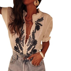 Women Boho Embroidered Ruffled Collar Blouse Short Sleeve Shirt - 1 of 4