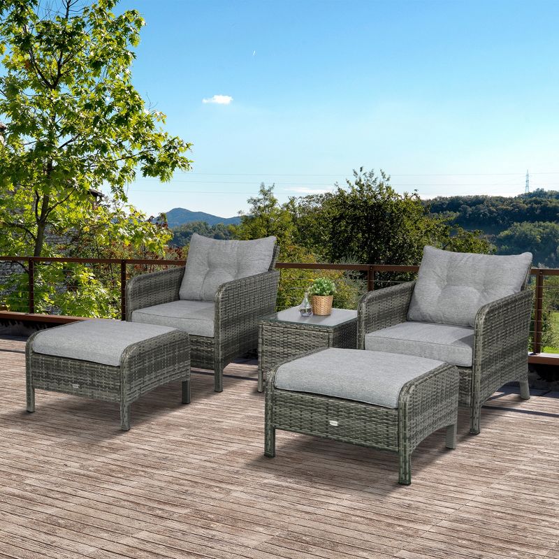 Outsunny 5 Pieces Rattan Wicker Lounge Chair Outdoor Patio Conversation Set with 2 Cushioned Chairs, 2 Ottomans & Glass Coffee Table, Gray, 3 of 7