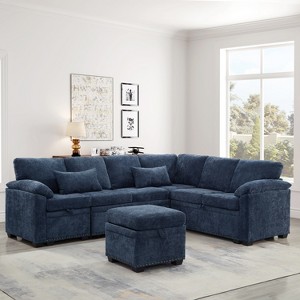 97"W L-Shaped Corner Sectional Sofa Couch with Storage Ottoman, 7-Seat Chenille Fabric Corner Couch with 2 Pillows for Living Room - ModernLuxe - 1 of 4