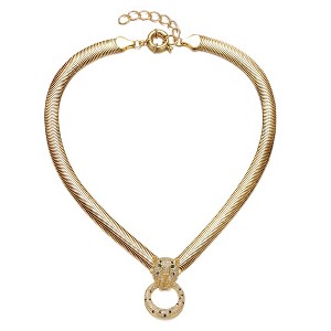 14k Yellow Gold Plated with Emerald & Cubic Zirconia Panther Head Door Knocker Wire Herringbone Chain Necklace - Adjustable w/ Extension Chain - 1 of 3