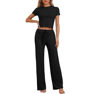 cheibear Women's Short Sleeve Tracksuit Round Neck T-shirt and Wide-Led Drawstring Pants Loungewear - 1 of 4