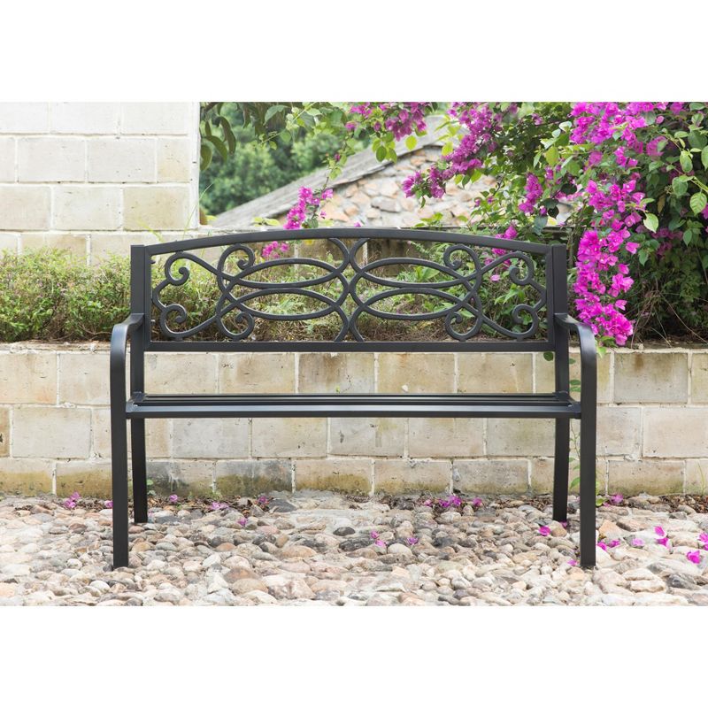 Gardenised Steel Outdoor Patio Garden Park Seating Bench with Cast Iron Scrollwork Backrest, Front Porch Yard Bench Lawn Decor, 2 of 9