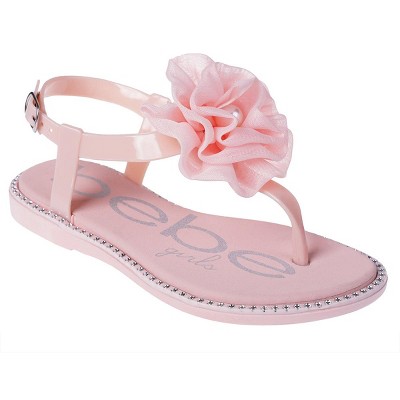 bebe Girl's T-strap Flat Sandals with Pearl, Flower, and Rhinestone Details - Sandals for Little Kid/Big Kid
