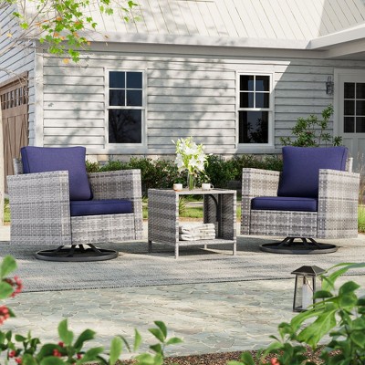 Sonkuki 3-Piece Patio Chair Set Brown Rattan Swivel Rocking Chair Set Coffee Table Suiting Backyard