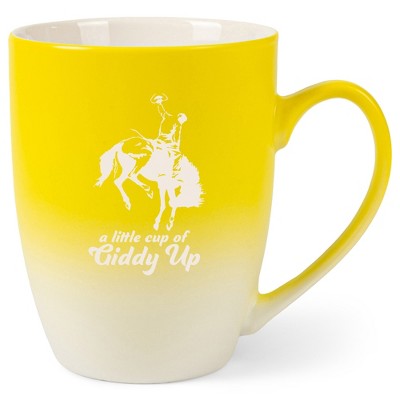 100 North Bucking Bronco 10 Ounce Yellow and White Two Toned Ombre, Comfortably Fits Your Hands, Ceramic Tea Coffee Cup Mug, A Little Cup Of Giddy Up